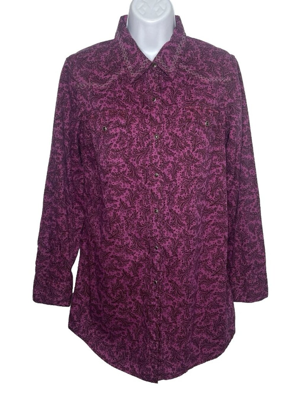 Ryan Michael Pearl Snap Western Shirt Top Size M Pink Black Floral Embroidered